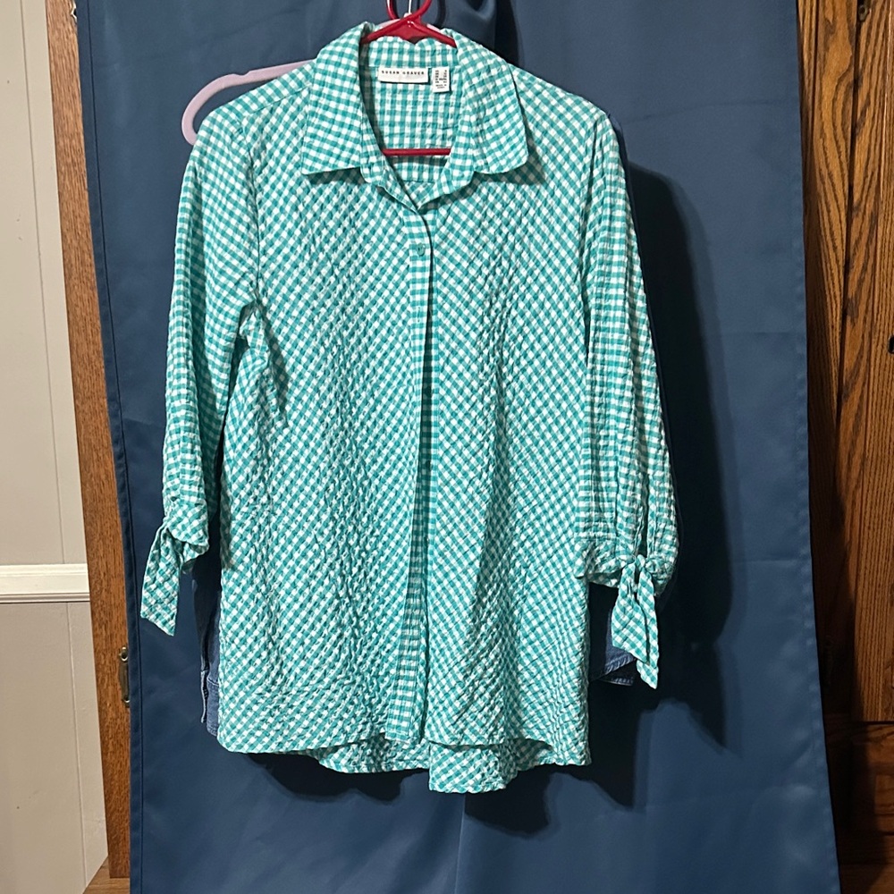 Susan Graver Teal Checkered Button Down Shirt